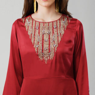 Asymmetrical Dress with Embellised Yoke Red