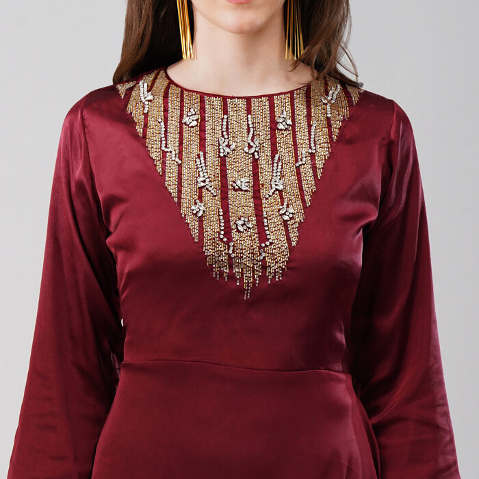 Asymmetrical Dress with Embellised Yoke Dark Red (1)