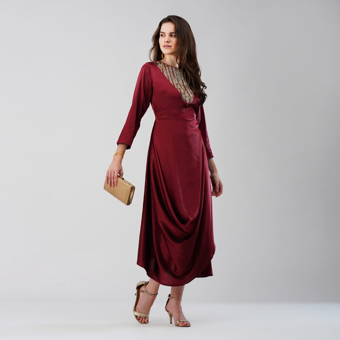 Asymmetrical Dress with Embellised Yoke Dark Red (2)