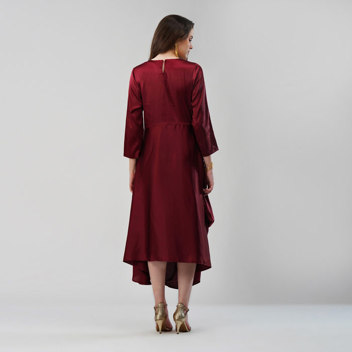 Asymmetrical Dress with Embellised Yoke Dark Red (3)
