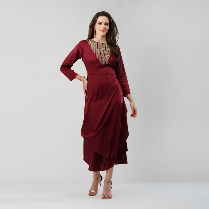 Asymmetrical Dress with Embellised Yoke Dark Red (4)
