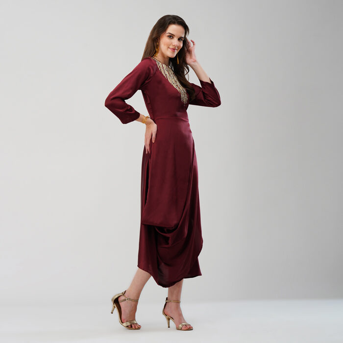 Asymmetrical Dress with Embellised Yoke Dark Red (5)