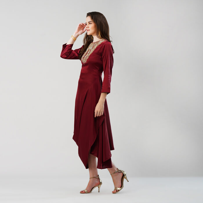 Asymmetrical Dress with Embellised Yoke Dark Red (6)