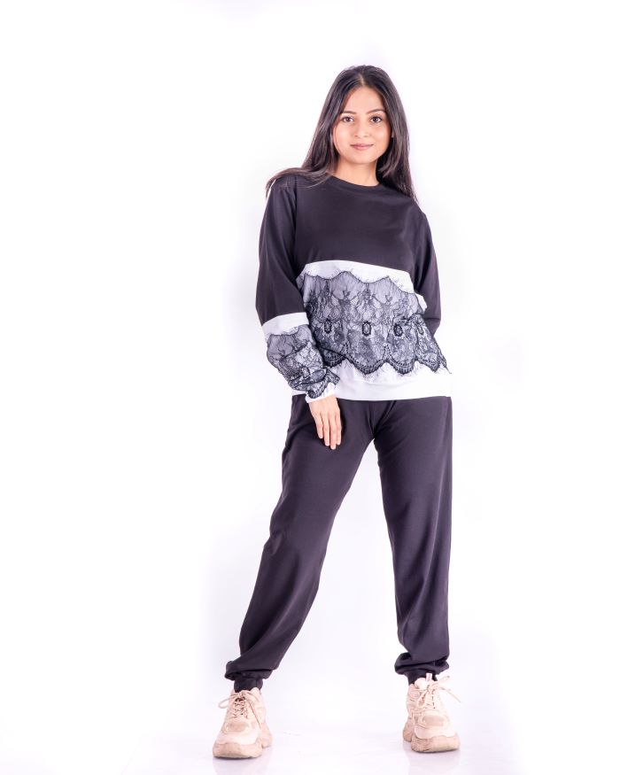 Black Cotton Jersey Lace Detail Co-Ord Set